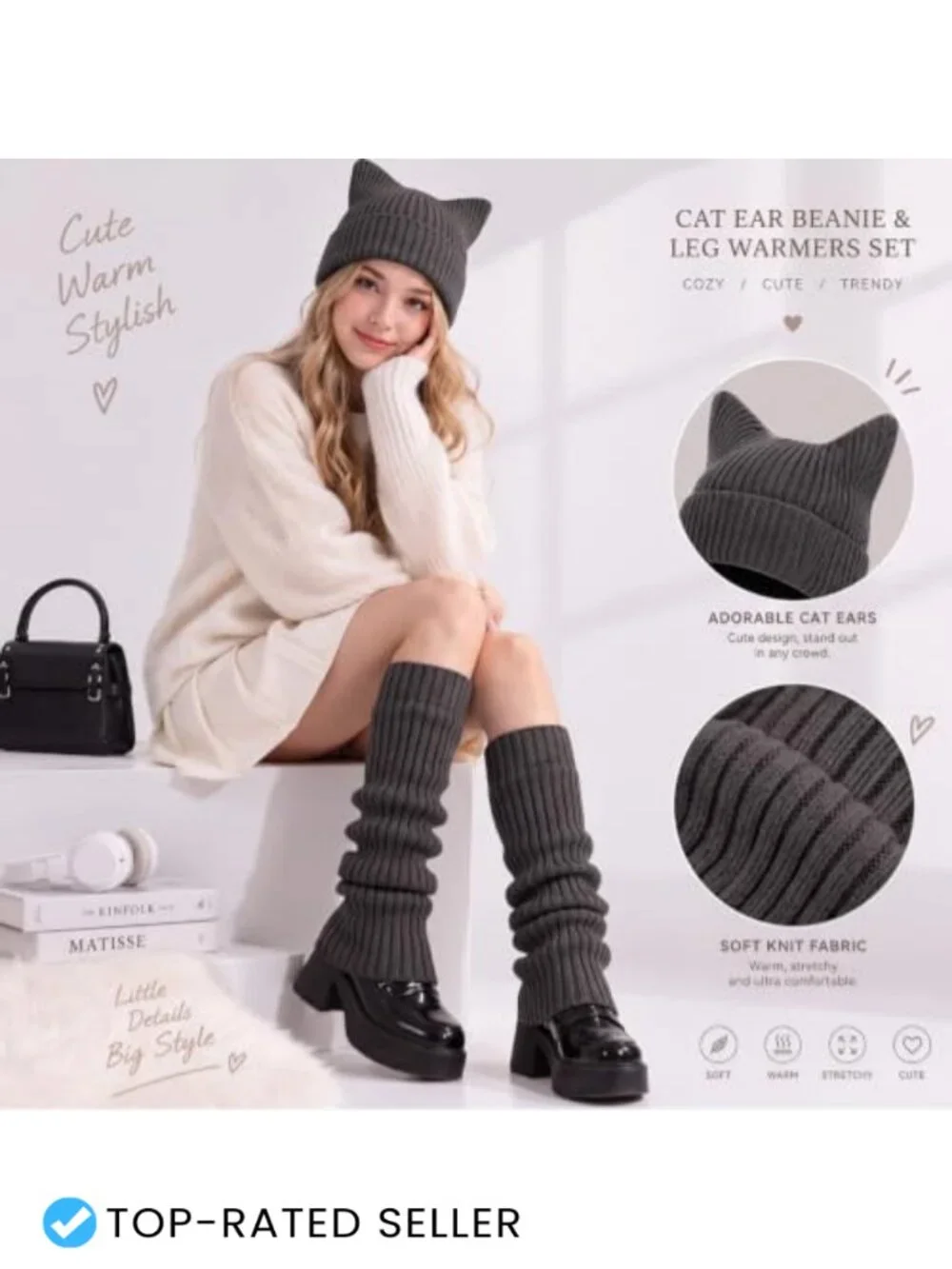 2 Pc Cat Ear Beanie & Leg Warmers Set Y2K Acrylic Knit Winter Accessories